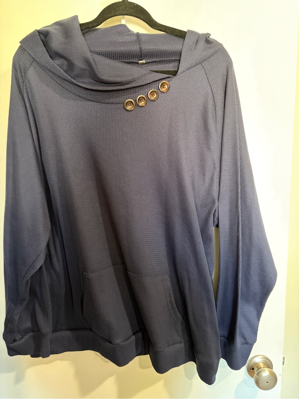 Cozy Navy Hooded Waffle Knit Pullover with Button Detail